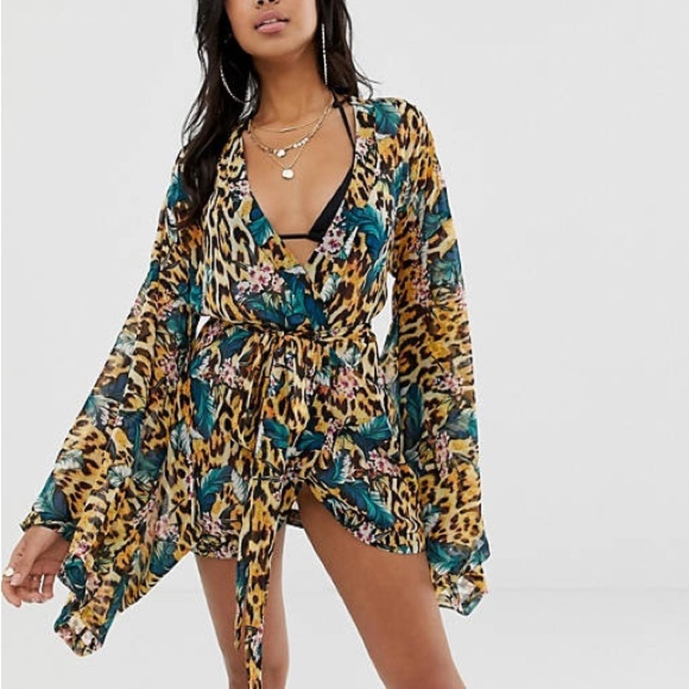 ASOS Chiffon Kimono Wide Sleeves Tie Front Animal Print NWT Sz 0